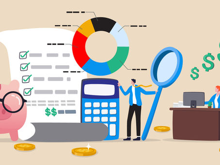 Piggy bank with glasses, checklist, and pie chart. Man with magnifying glass, a woman at a desk with coins and dollar signs floating.