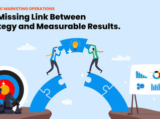 trategic marketing operations poster with headline, two people fitting a puzzle piece with a lightbulb, charts, and chess target.