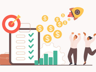 A rocket with dollar signs flies over cheering people. A checklist, target, briefcase, and graph symbolize success in a bright setting.