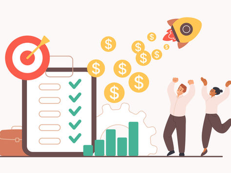 A rocket with dollar signs flies over cheering people. A checklist, target, briefcase, and graph symbolize success in a bright setting.