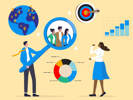 Illustration of diverse people under a magnifying glass, with graphs, a globe, and a bullseye target around. Yellow background, business concept.