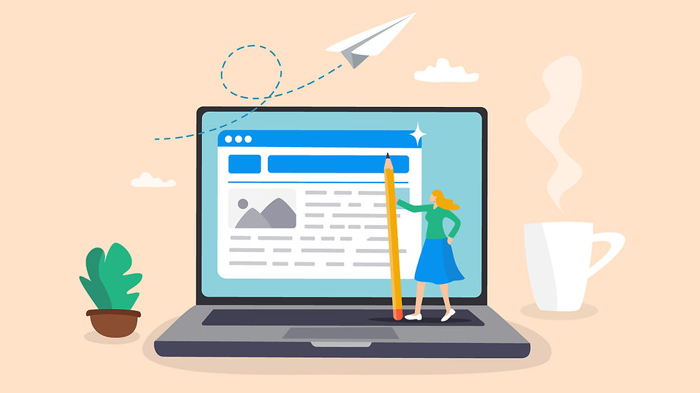 A woman stands on a laptop screen, writing with a giant pencil. A paper airplane flies above. Coffee and plant nearby. Playful mood.
