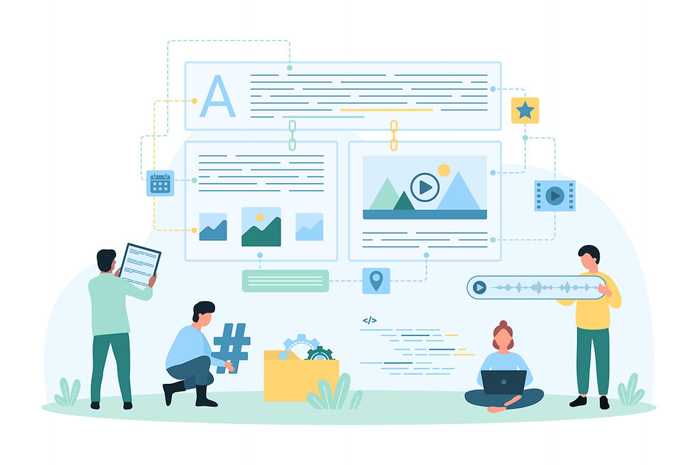 People collaborating on digital content creation, surrounded by images, text, and icons in a pastel color palette, illustrating teamwork.