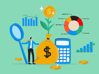 Economy theme: person with magnifying glass, coin plant, large money bag, calculator. Chart and graph icons on green background, suggesting growth.