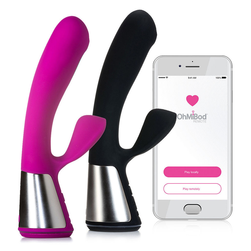 Pink vibrator and black vibrator and phone with OhMiBod's app.