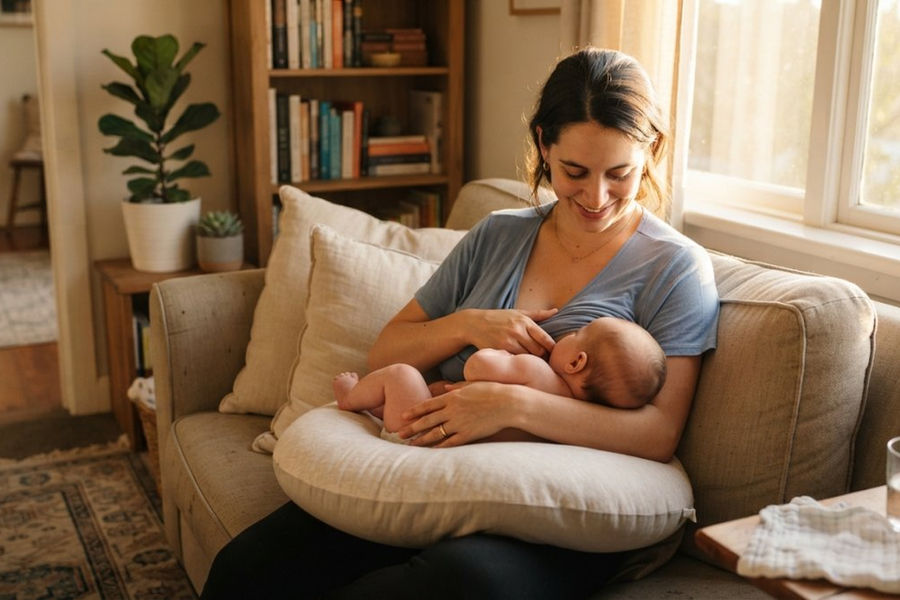 Nursing mother seated upright on a sofa with shoulders relaxed and back supported by cushions, demonstrating correct posture with baby properly positioned at breast level, natural window lighting