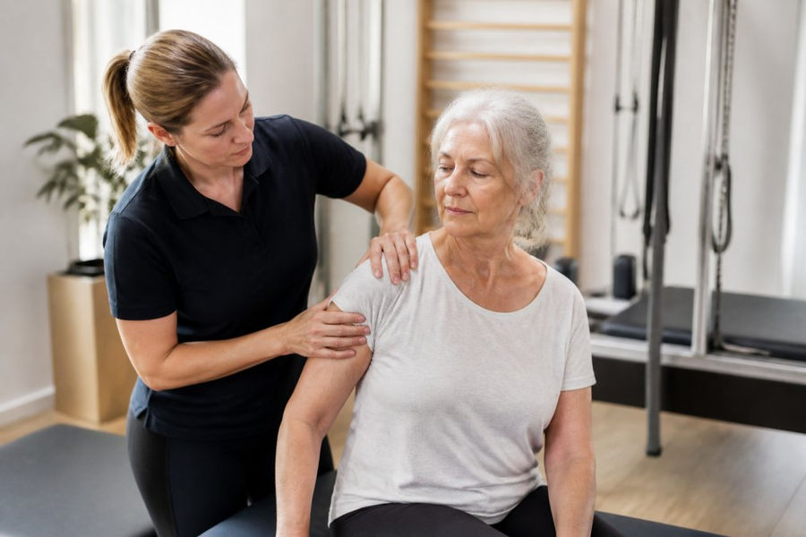 Osteopath performing gentle manual therapy on patient's shoulder, demonstrating hands-on treatment technique in calm clinical setting with soft natural lighting