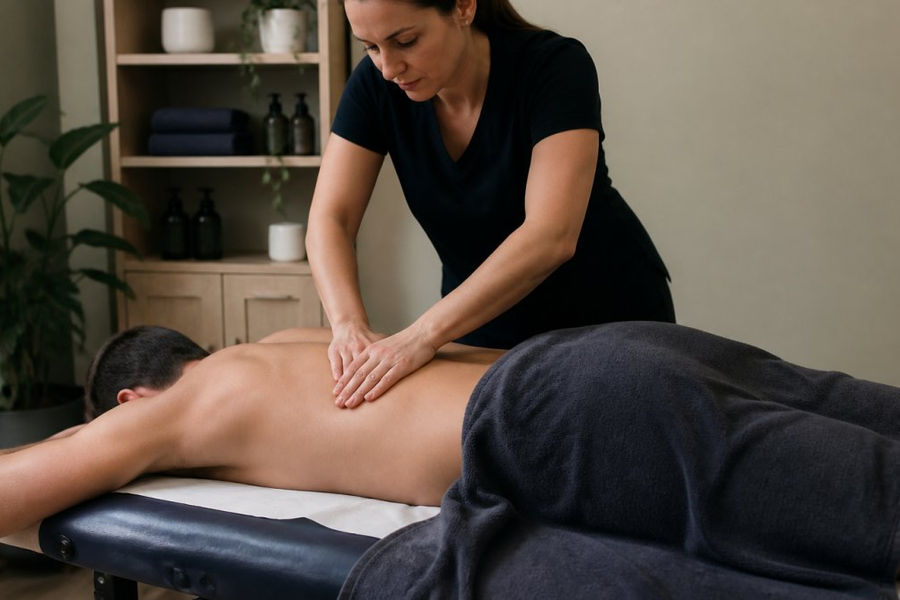 Professional therapist performing deep tissue massage on patient's lower back, patient lying face down on treatment table in calm clinical setting with soft lighting