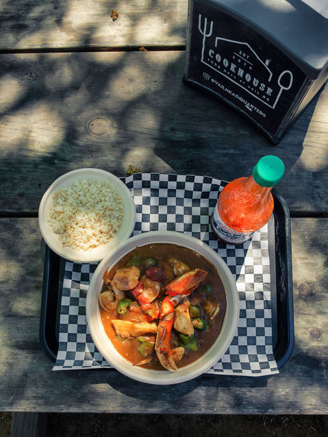 Gumbo with shrimp, chicken, rice, and Tabasco sauce