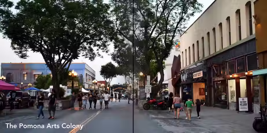 wide daytime streetview of a typical pedestrian scene during an Artwalk 2nd Saturday in downtown Pomona on 2nd Street looking west towards Thomas Street with trees, people, and buildings.