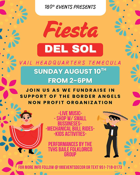 Join us as we fundraise in support of
The Border Angels non-profit organization
Live Music | Shop w/Small Businesses
Mechanical Bullrides | Kids Activities
Performances by The TVHS Baile Folklorico Group