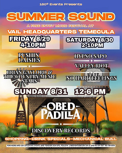 Free-Entry Music Festival
Pushin Daisies | Brian Gaylord & The Country Music Stars | Hypno Sapo | Valley Riot | No Hard Feelings
& Obed Padilla on Sunday (of Discovery Records)
Shopping | Drink Specials | Mechanical Bull