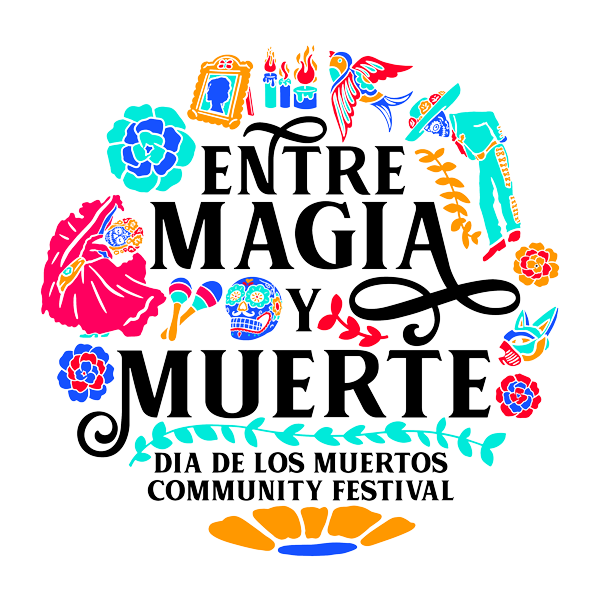 The Entre Magia y Muerte emblem banner with hispanic day of the dead cartoon motif and the words: Dia de los Muertos Community Festival.