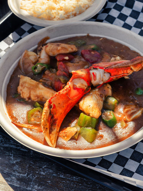 Gumbo with shrimp, sausage, okra, and crab claw