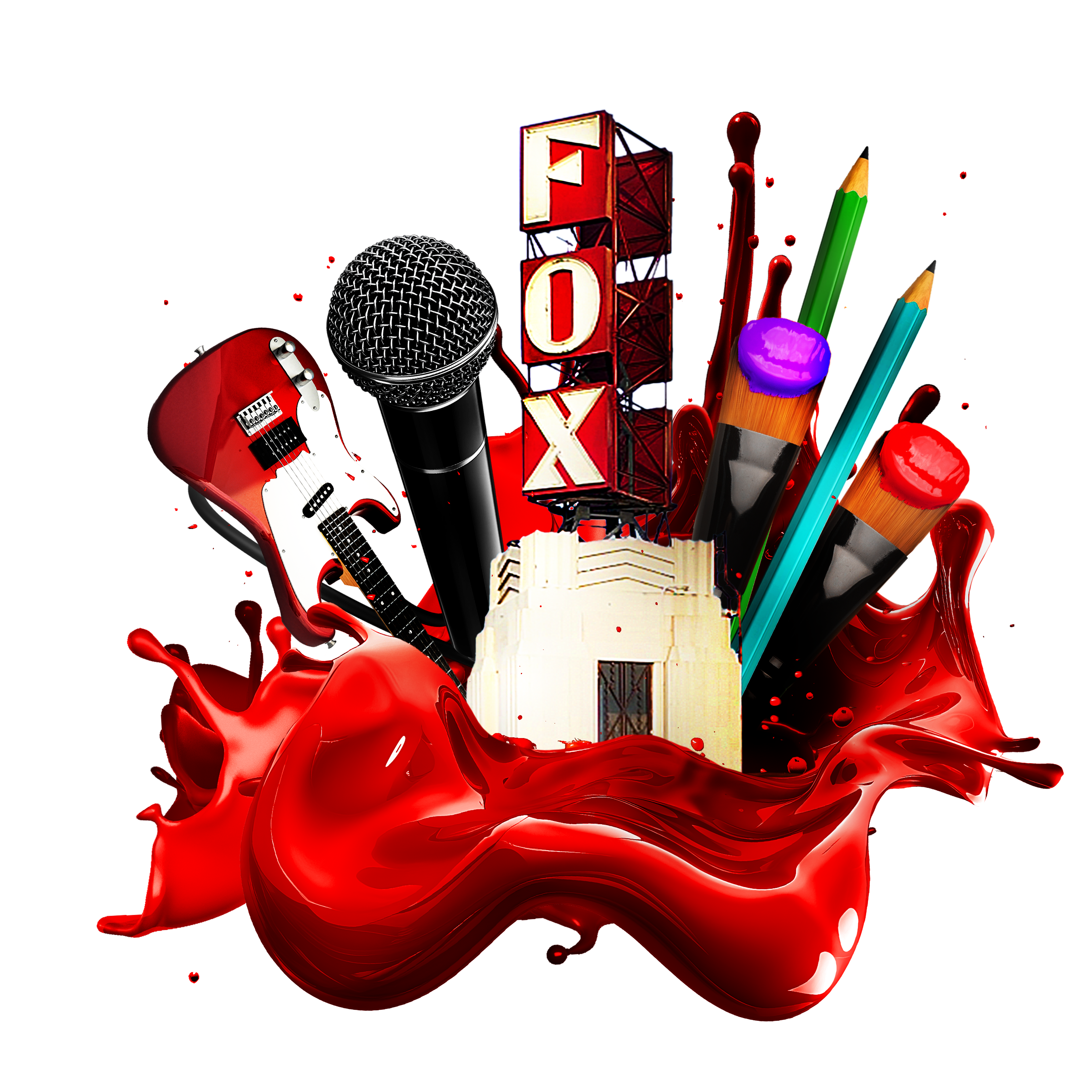 Elaborate free-floating collage of dyanamic graphic elements including the Fox Tower, microphone, electric guitar, loaded paintbrush, and colored pencils all jutting up out of a huge splash of vibrant red paint.