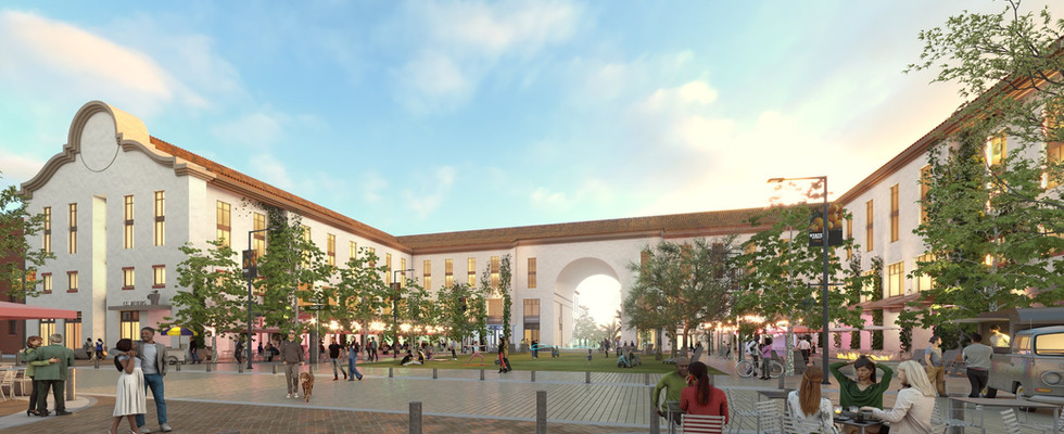 Artist's rendering of an People gather at Claremont South, a plaza in front of large white buildings.