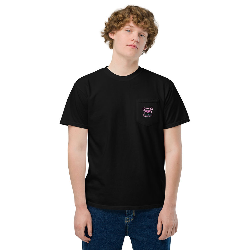 Thumbnail: Man wearing black t-shirt, pocket with small design. Unisex pocket t-shirt, casual style.