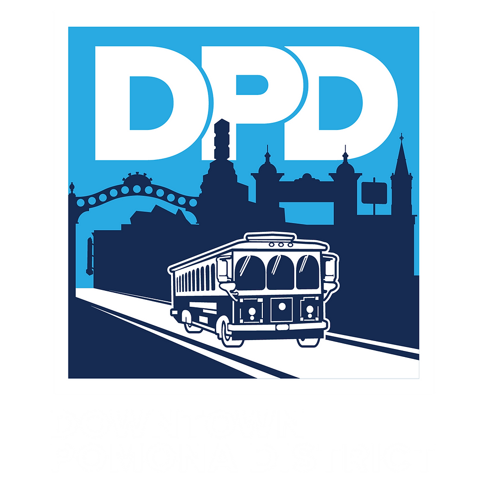 DPD: Trolley on city street, bridge, buildings logo graphic for the newly renamed Downtown Pomona District