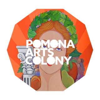 Pomona Arts Colony logo alternate: Woman with fruits and column