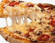 A very small photo of a cheesy slice of pizza being lifted out of a whole cheesy pizza with sundried tomatoes.