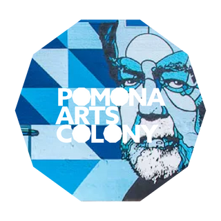 Pomona Arts Colony logo: blue geometric mural with man's face