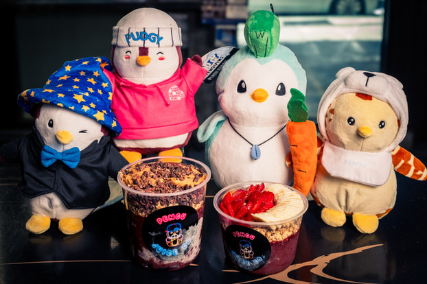 Five penguin plushies with various outfits next to two bowls of food.