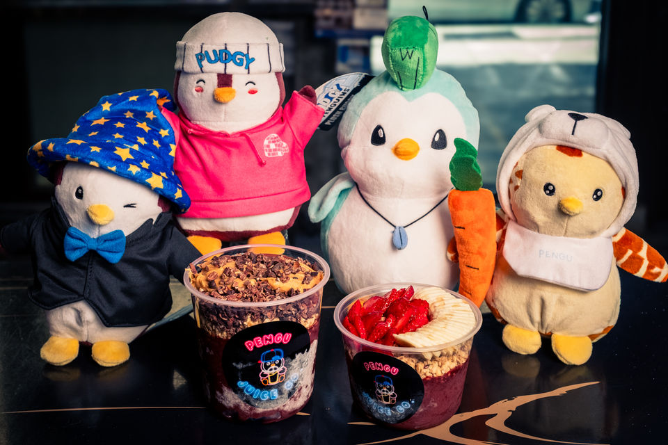 Five penguin plushies with various outfits next to two bowls of food.