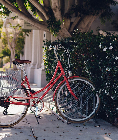 an old-timey red girls' bicycle with side rear baskets docked in a traditional bike rack on a leafy sidewalk with greenery & tree limbs showing on a sunny day