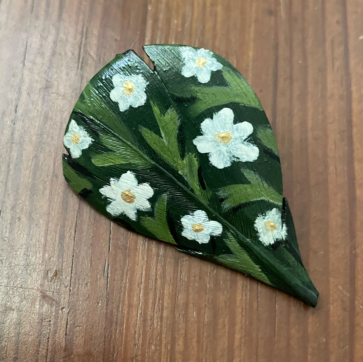 White Flowers Wood Duck Feather Pin