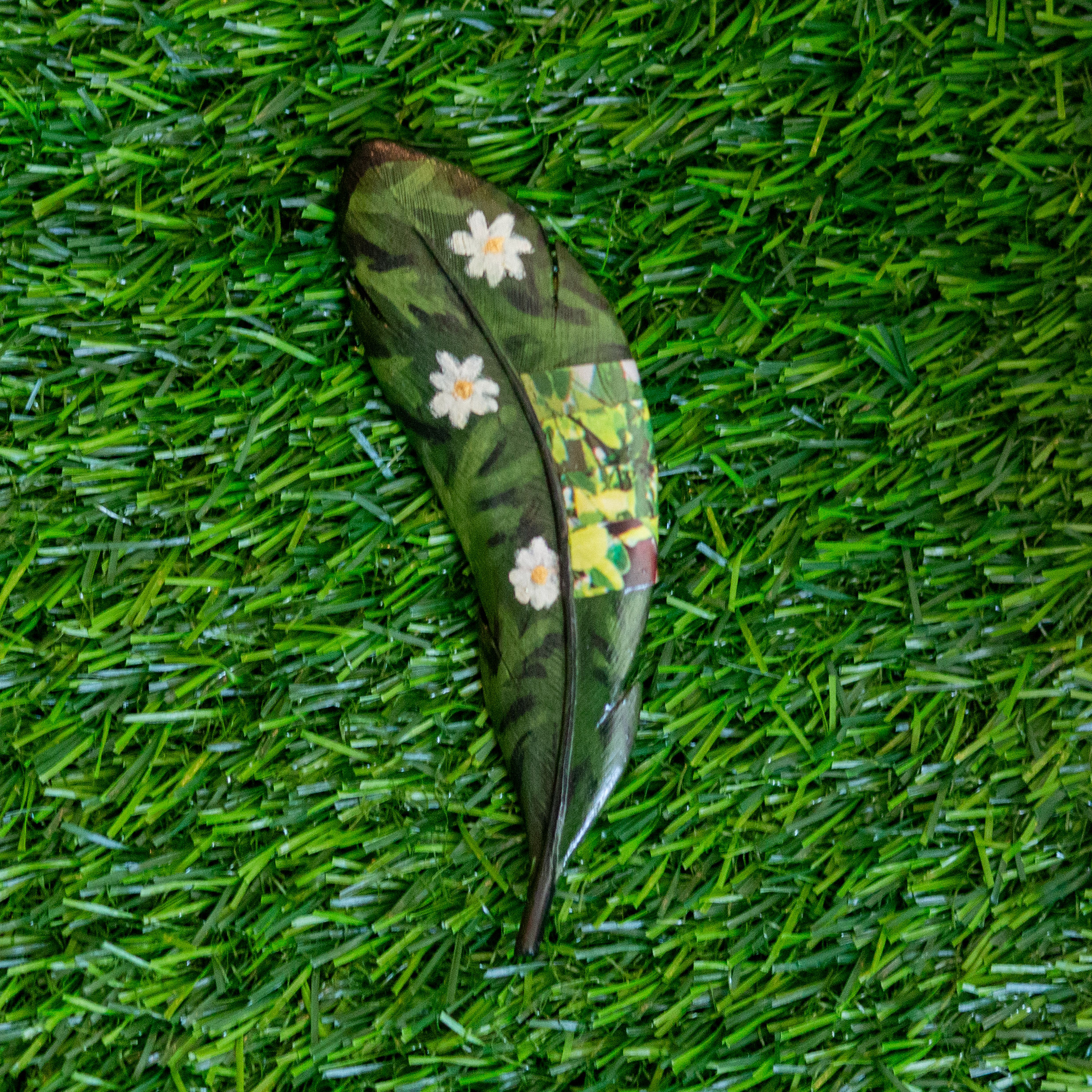 White Flowers Mallard Feather Pin