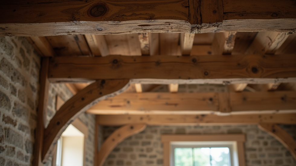 Eye-level view of exposed timber beams in a heritage home