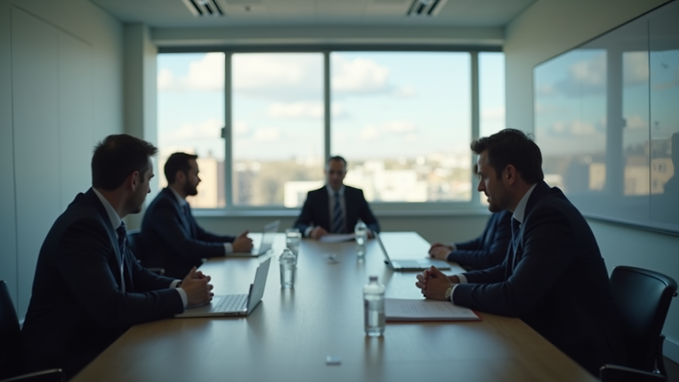 Blick auf einen Konferenztisch mit Führungskräften, die eine Strategie diskutieren