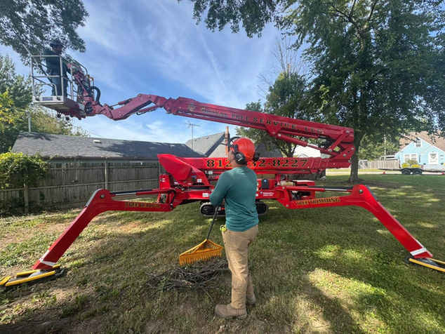 Royal Tree Service employee operating CMC spider lift while inspecting tree removal work from elevated position