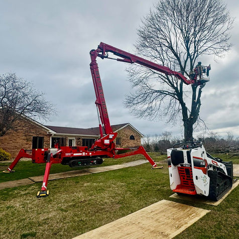 CMC spider lift performing safe tree removal in Scottsburg, Indiana using professional equipment by Royal Tree Service