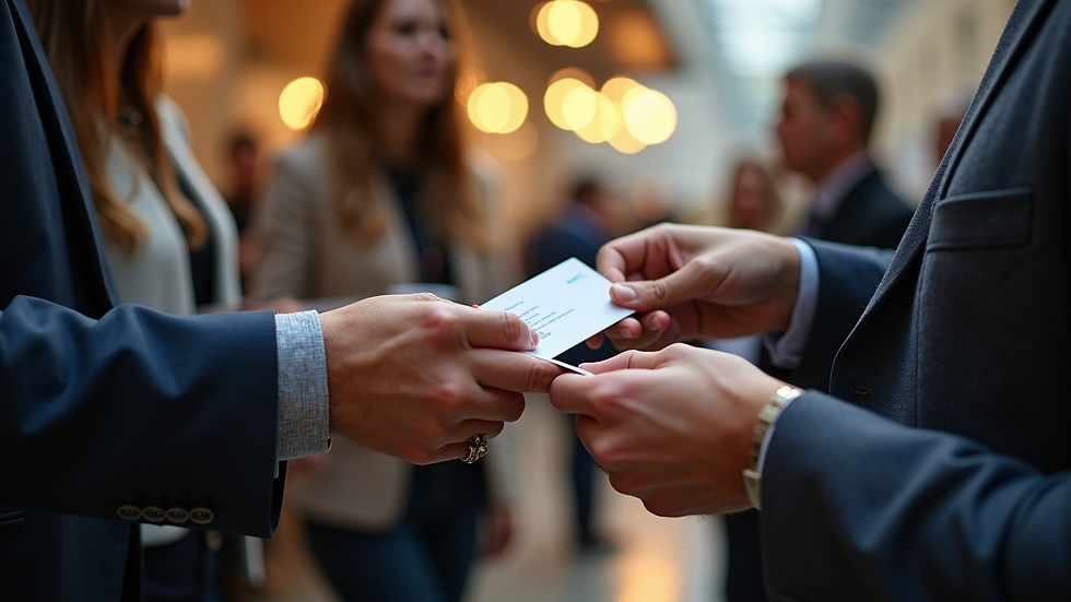 Close-up view of a networking event with entrepreneurs exchanging business cards