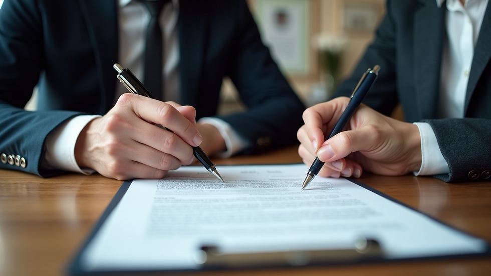 Eye-level view of two people signing a contract