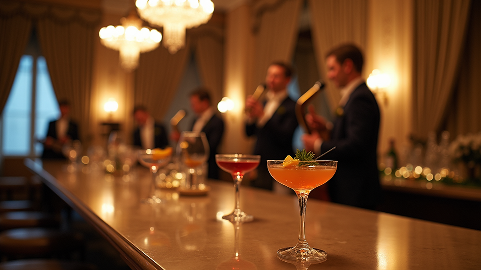 Eye-level view of elegant wedding cocktail setup with live musicians