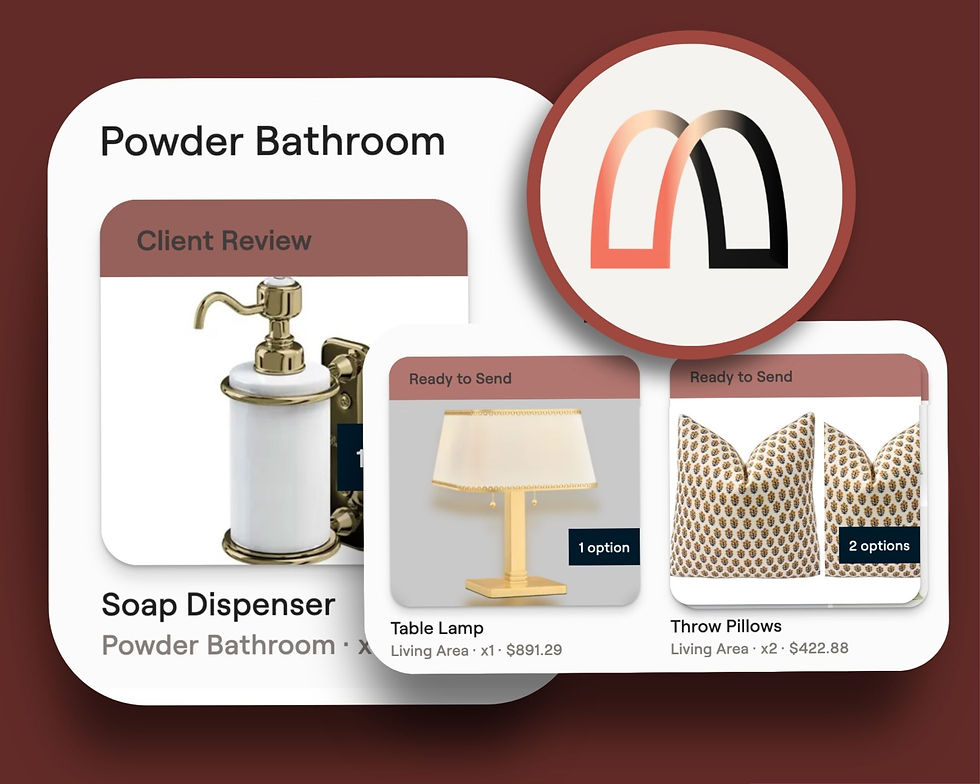 Interior design app mockup with powder bathroom and living area product cards, plus a circular logo on a dark maroon background