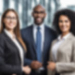 Three professionals in suits smile confidently in an office setting with large windows. The mood is positive and formal.