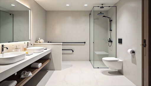 Modern bathroom with glass shower, white walls and bathroom renovations.