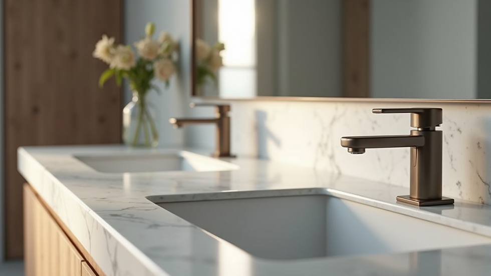 Close-up view of elegant bathroom vanity with marble countertop and modern faucet