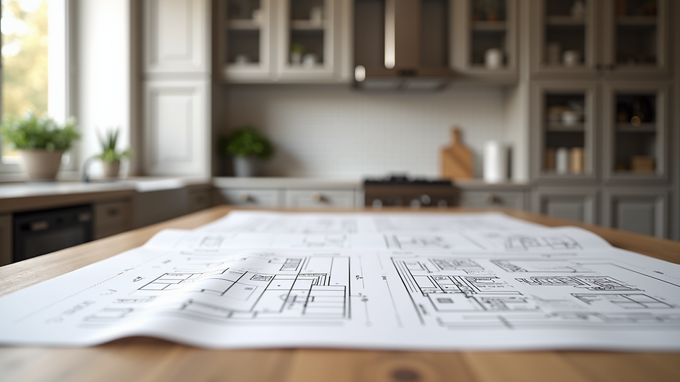Eye-level view of a modern kitchen design plan on a table