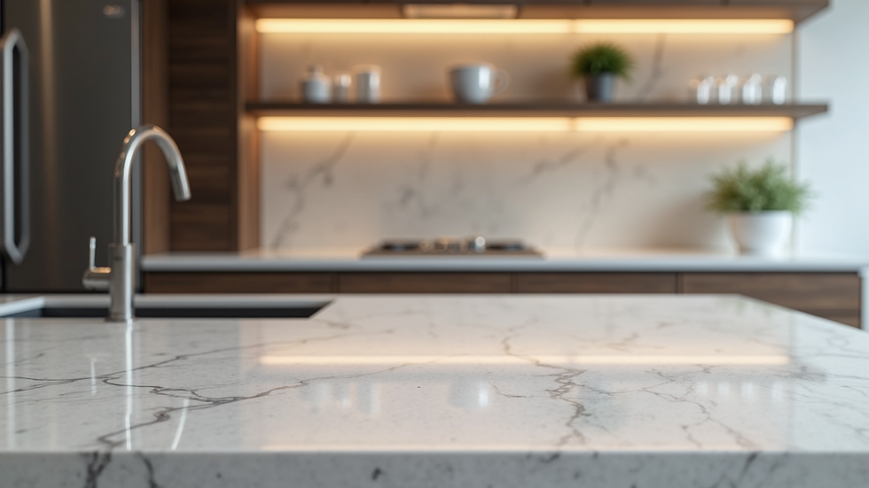 Close-up view of quartz countertop with modern lighting fixtures above