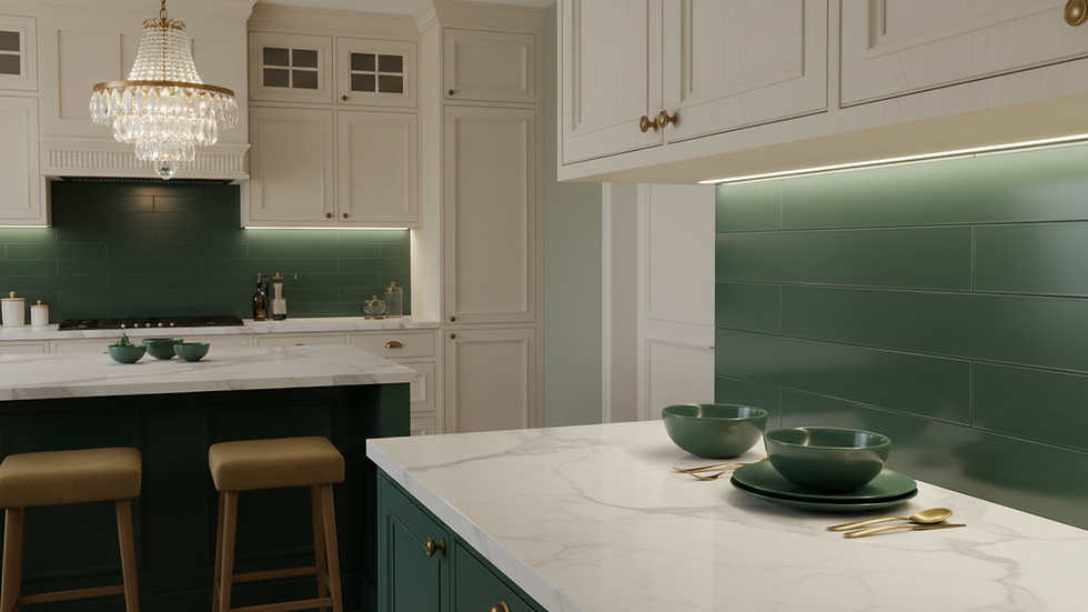 Close-up view of under-cabinet LED strip lights illuminating a kitchen countertop