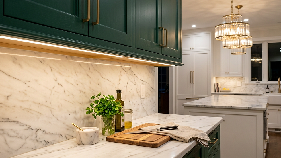 Close-up view of under-cabinet LED lighting illuminating kitchen countertop