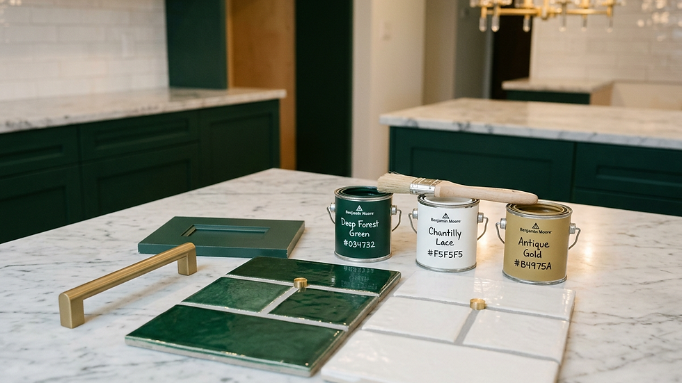 Close-up view of kitchen renovation materials including tiles and paint samples