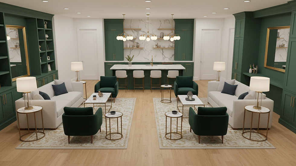High angle view of a newly renovated basement with modern lighting and flooring