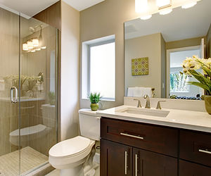 A master bathroom featuring a freestanding soaking tub, a double vanity, and a glass-enclosed shower