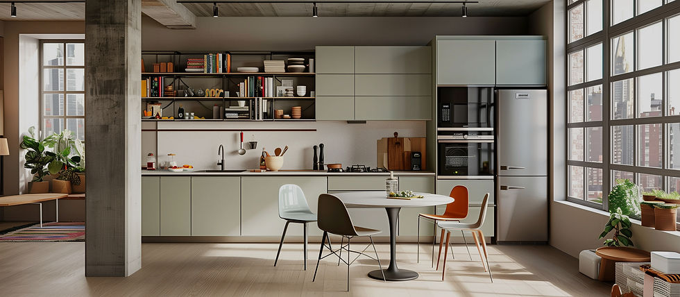 Modern kitchen design with refrigerator, shelves, and dining table, SweetHome Spaces, Mississauga & GTA.