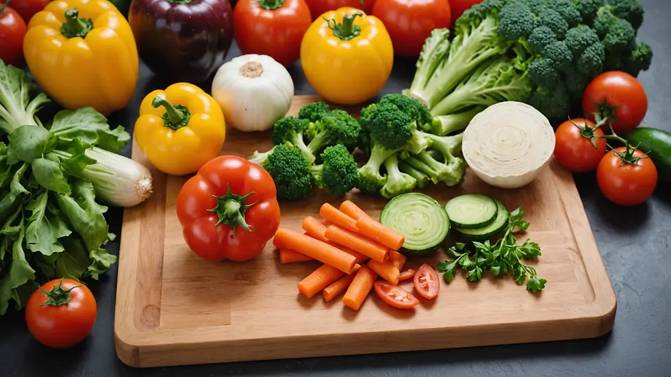 Eye-level view of a colorful selection of vegetables on a wooden cutting board